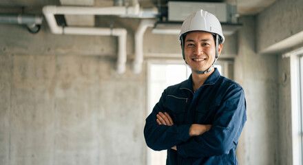 現場で前向きに微笑む作業員の写真