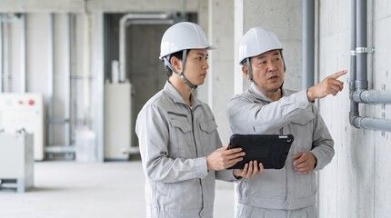 タブレットを持って現場確認をする社員たち